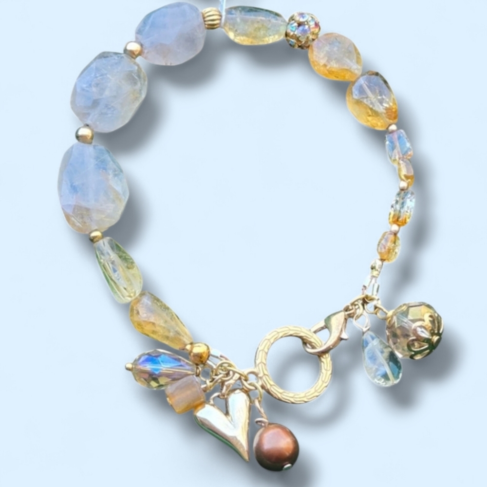 Citrine Crystal Gemstone Heart Charm Bracelet Pearl Gold Adjustable Beaded NEW